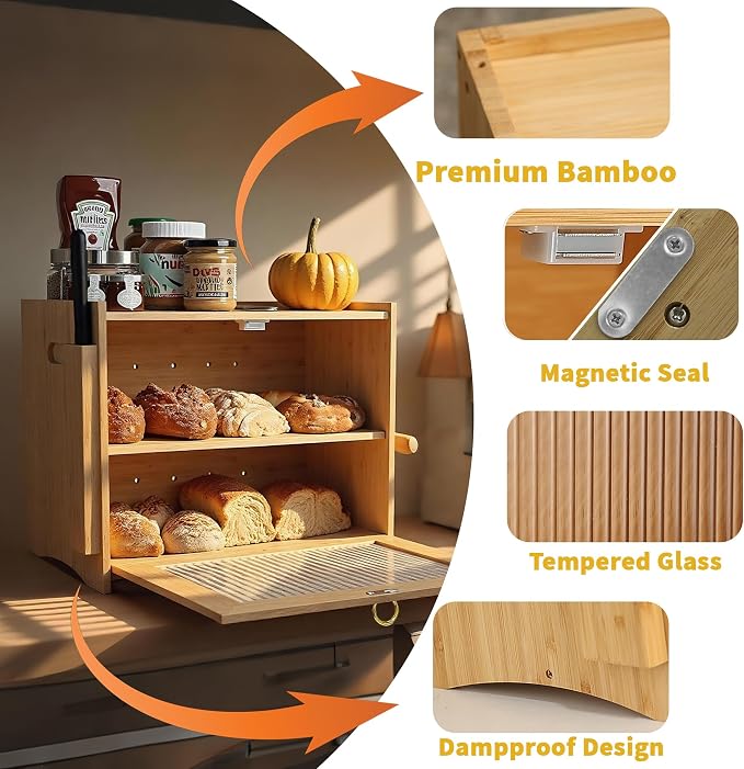 Large Bamboo Bread Box With Tempered Glass Door, Double Layer, Circle Ring | Double Layer Storage, Countertop Organizer, Bamboo Material, Tempered Glass Door, Large Capacity - Image 7