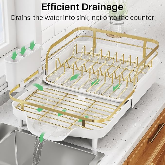 SNTD Expandable Dish Drying Rack for Kitchen Counter, 15.2-22.1 in, Gold | Rust-Resistant Stainless Steel, Protective Side Rails, Self-Draining Drainboard, Removable Utensil Holder - Image 4