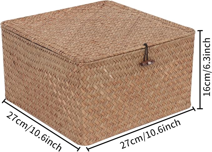 Moosky Wicker Shelf Baskets with Lid, Handwoven Seagrass Storage Basket Bins Square Gift Boxes for Shelves Home Decor Organizer (Coffee, Large) - Image 4