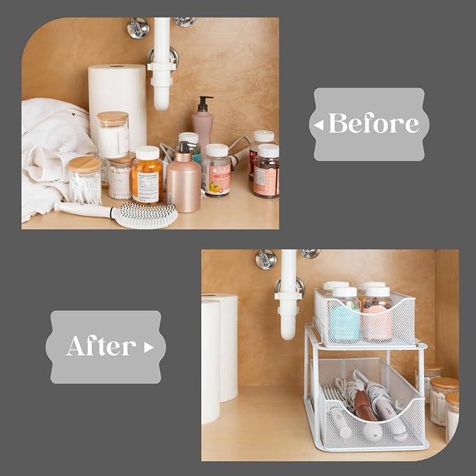 Sorbus 2 Tier Under Sink Bathroom Organizers and Storage, Strong Steel Mesh Sliding Drawers for Enhanced Bathroom Storage Ideal Bathroom Organization and Storage & Under Kitchen Sink Organizer (White) - Image 7