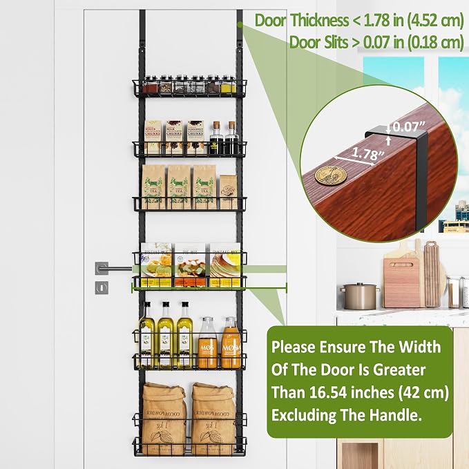 Churboro 6 Tier Over Door Pantry Organizer, 2-in-1 Adjustable Spice Rack | Metal Pantry Door Organizers and Storage, Hanging or Wall Mount Shelves with 9 Adjustable Baskets, 3 Safety Bars, Black - Image 3