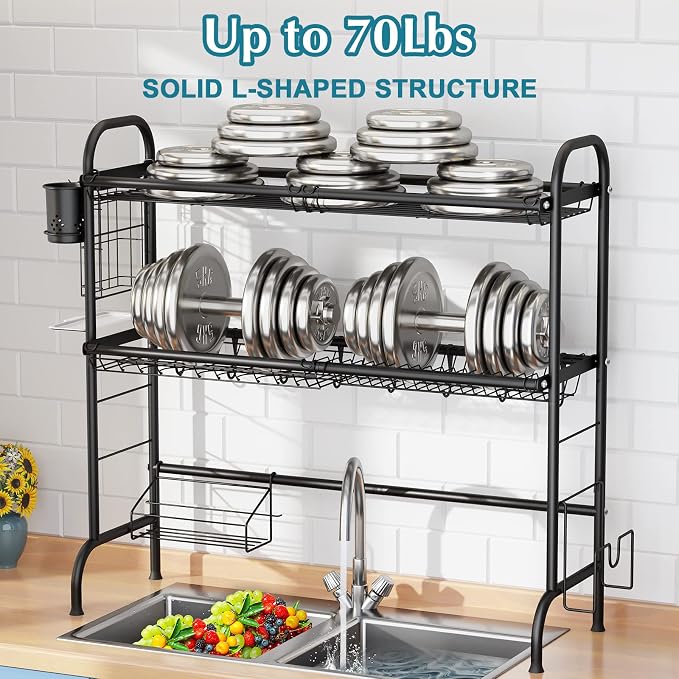 HOWDIA 3-Tier Over The Sink Dish Drying Rack,Stainless Steel Dish Rack | With Cutlery Holder & Chopping Board Rack, 33.9” x 11.4” x 32.3” for Maximum Kitchen Storage, Black - Image 6