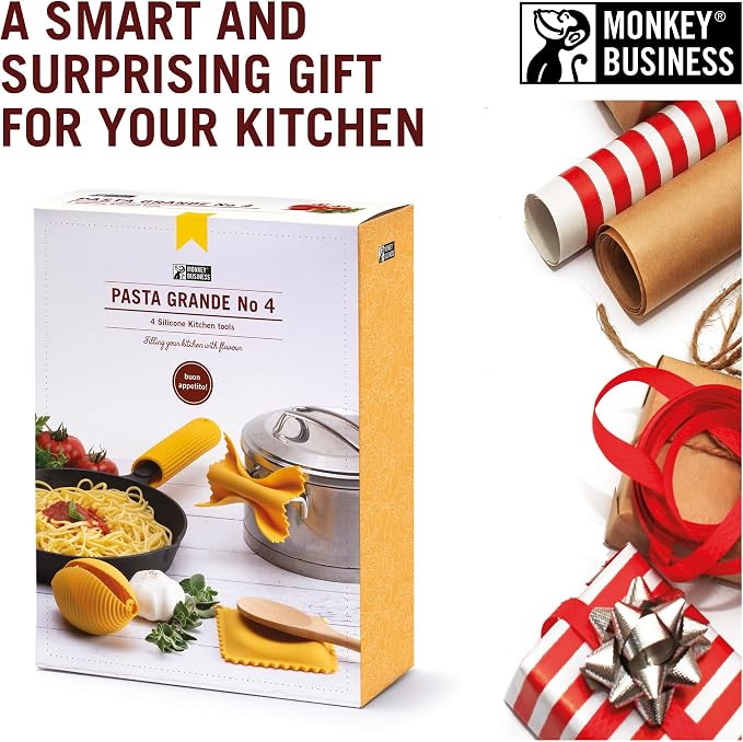 Monkey Business Silicone Kitchen Tools in Gift Box/ 4 Big Pasta shaped kitchen gadgets/Farfalloni Pot Grips, Ravioli Spoon Rest, Conchiglie Lemon Squeezer and Penne Pan Grip/Pasta Grande No. 4 - Image 7