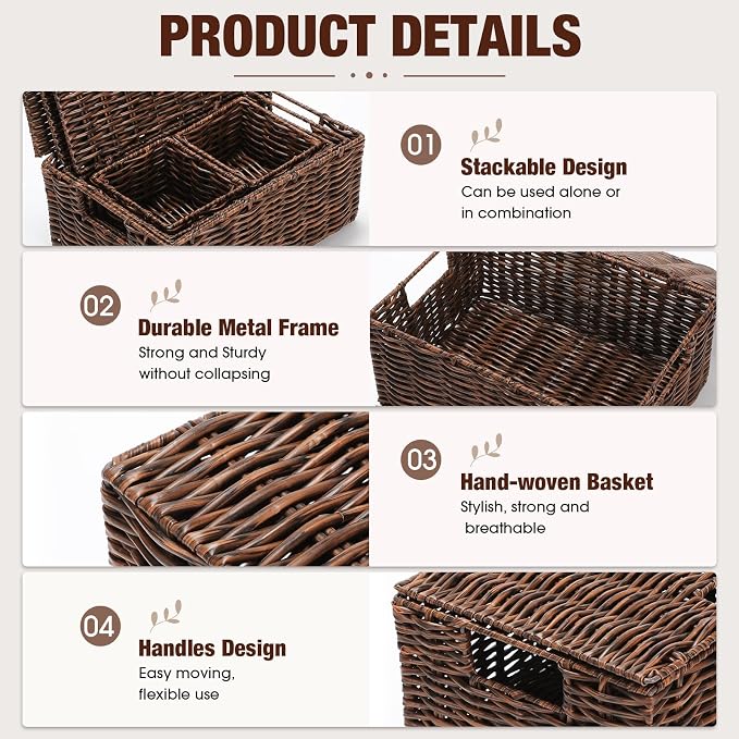Yookeer 5 Pcs Woven Plastic Rattan Storage Baskets with Lid and Handles, Brown Large Storage Organizer with Labels, Stackable Rectangular Boho Decorative Baskets for Toys Shelves Bedroom - Image 3