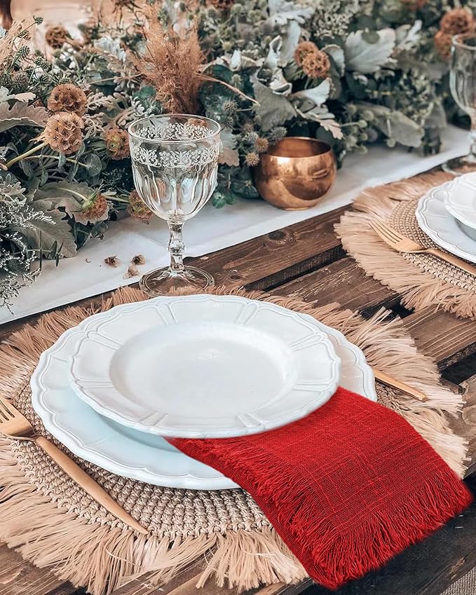 36 Pack Red Cloth Napkins Cotton Linen Napkin 16 x 16 Inch Red Napkins Cloth Handmade with Fringe Soft Washable Rustic Dinner Napkin Cloths for Wedding Party Dinner Table - Image 4