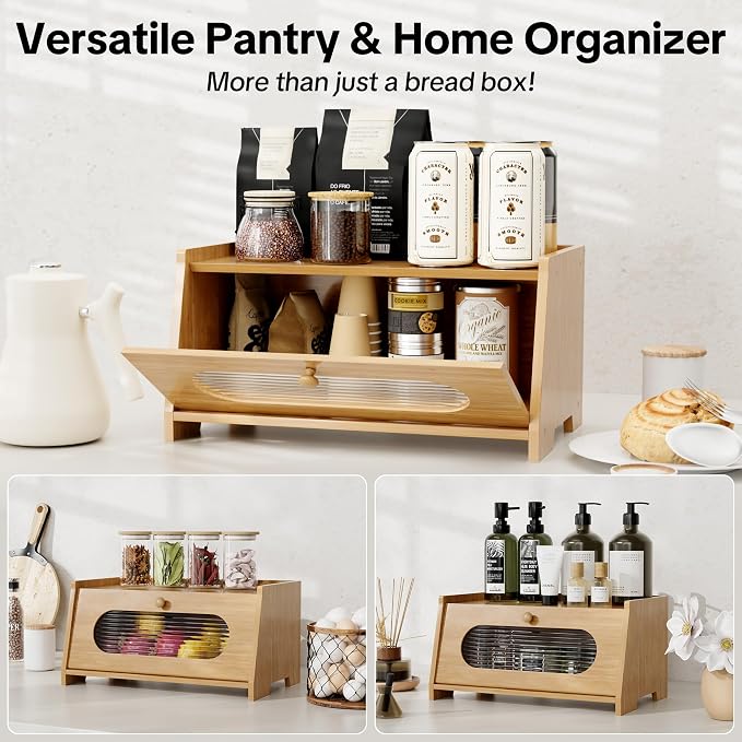 Bamboo Bread Box for Kitchen Countertop,Large Capacity Kitchen Countertop Organizer,Bread Storage with Acrylic Window for Cabinet,Pantry,Cupboard - Image 5