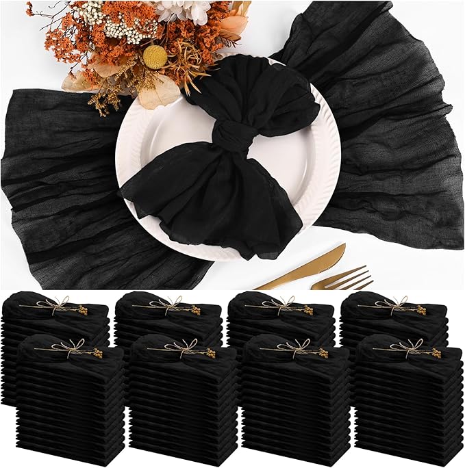 100 Pieces Cloth Napkins Black Dinner Cheesecloth Napkins for Wedding,Wrinkled Cloth Napkins Bulk for Home Party Rustic Table Decoration, 17 x 17 Inch by Teruntrue