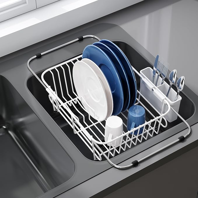 JASIWAY White Dish Drying Rack in Sink with Utensil Holder, RV, Apartment | Over Sink Expandable Stainless Steel Dish Drainers for Compact Kitchen, Space Saving, Fast Drain, Rustproof, For 1-2 people by JASIWAY