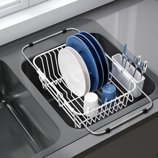 JASIWAY White Dish Drying Rack in Sink with Utensil Holder, RV, Apartment | Over Sink Expandable Stainless Steel Dish Drainers for Compact Kitchen, Space Saving, Fast Drain, Rustproof, For 1-2 people by JASIWAY