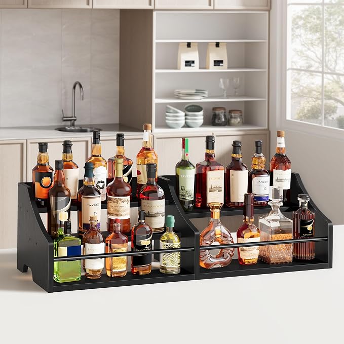 FAVOOSTY 5 Tier Countertop Liquor Bottle Display Shelf Organizer, Retro Tabletop Wine Rack Stand, Multi-Purpose Storage Holder for Whiskey, Spirits, Coffee Syrup, Mini Home Bar & Liquor Cabinet,Black - Image 4