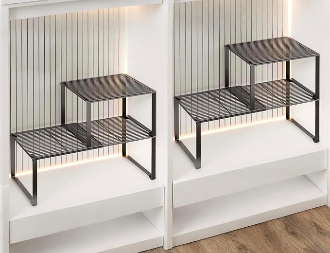 Extendable Metal Wire Shelf Organizer - Adjustable 15-24.4in Length, Stackable Storage Rack for Kitchen/Pantry/Bathroom/Shoe Cabinet/Tool Closet (4,Black) by HGZBS