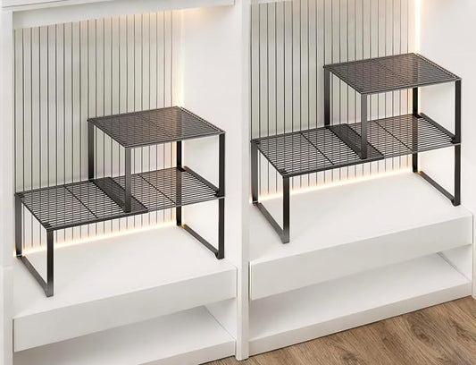 Extendable Metal Wire Shelf Organizer - Adjustable 15-24.4in Length, Stackable Storage Rack for Kitchen/Pantry/Bathroom/Shoe Cabinet/Tool Closet (4,Black) by HGZBS