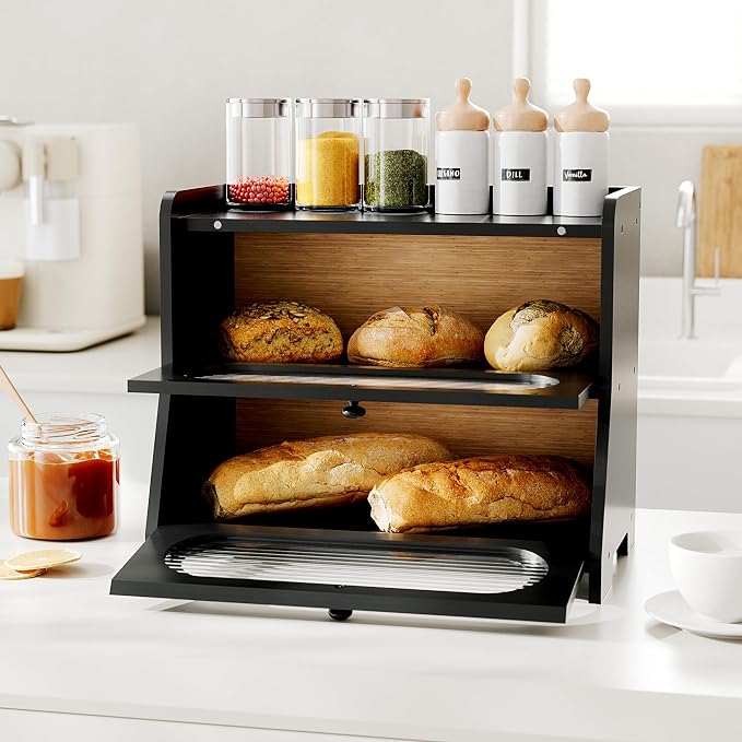 Bread Box,Extra Large 2-Tier Bamboo Bread Box for Kitchen Countertop,Bread Storage Container with Magnetic Acrylic Door for Homemade Bread,Under Cabinet,Pantry Organizer(Black) - Image 2