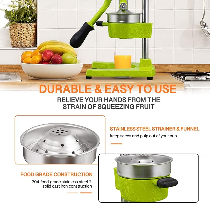 Commercial Heavy Duty Cast Iron Hand Press Manual Orange Citrus Lemon Lime Grapefruit Pomegranate Fruit Juice Squeezer Machine with Stainless Steel Cup Green - Image 6