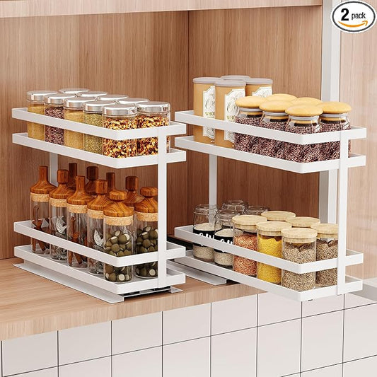 Mustorn 2 Pack Pull Out Spice Rack Organizer for Cabinet, 2 Tier Metal Slide Out Seasoning Organizer and Storage Heavy Duty Vertical Spice Rack Shelf Pullout for Kitchen Cabinets No Drilling (White) by MUSTORN