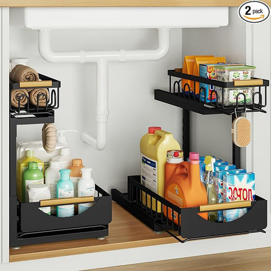 Under Sink Organizer and Storage 2 Tier Cabinet Pull Out Shelf Organizers | 2 Pack 2 Tier under sink storage for Bathroom and Kitchen Slide Out Drawer Organization for Home Cabinets Shelves and Drawers by Aekenr
