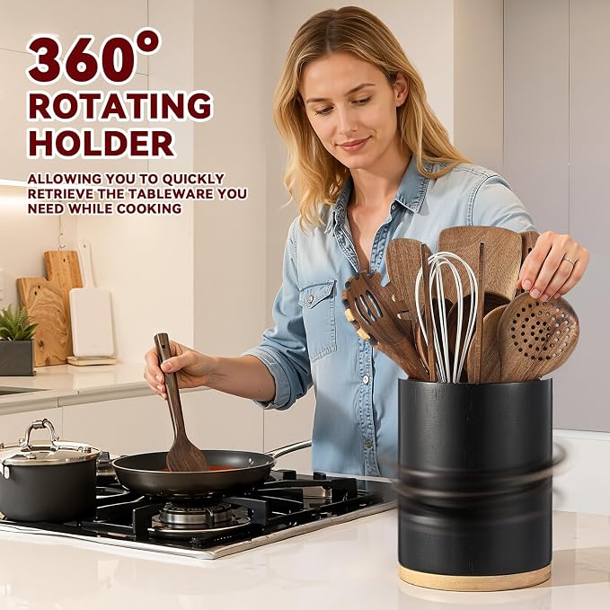 SiliFine 11 Pcs Wooden Kitchen Utensils Set with 360° Rotating Holder Acacia Wood Cooking Utensils with Cooking Spoons Spatulas for Nonstick Cookware Countertop(Straight Wood Holder,Black) - Image 4