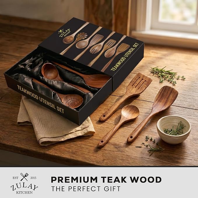 Zulay Kitchen 9-Piece Teak Wooden Utensils for Cooking - Natural Teak Utensil Set with Premium Gift Box - Non-Stick Wooden Spoons for Cooking - Kitchen Gift Set - Comfortable Grip Wooden Utensil Set - Image 2