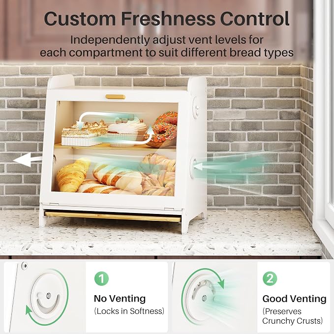 SNTD Airtight Bread Box for Kitchen Countertop, Bamboo Cutting Board, White | Adjustable Vent Hole, Sorted Storage, Natural Wood, Magnetic See-through Door, Metal Frame, Homemade Bread Storage Container - Image 3