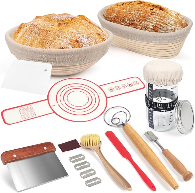 Banneton Bread Proofing Basket Set, 11 Inch Sourdough Proofing Basket and Bread Baking Supplies-Bread Lame, Danish Whisk, Bowl & Dough Scraper, Brush, (Rattan, 10in Round +10in Oval+1 Set Jar Kit) by LOKEISNA
