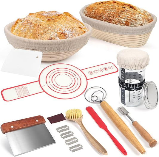 Banneton Bread Proofing Basket Set, 11 Inch Sourdough Proofing Basket and Bread Baking Supplies-Bread Lame, Danish Whisk, Bowl & Dough Scraper, Brush, (Rattan, 10in Round +10in Oval+1 Set Jar Kit) by LOKEISNA
