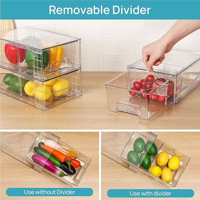 Vtopmart 4 Pack Stackable Storage Drawers,Clear Acrylic Drawer Organizers with Handles, Easily Assemble for Fridge, Bathroom,Kitchen Undersink,Cabinet,Pantry Organization and Storage | Clear Drawer Organizers with Removable Dividers for Flexible storag... - Image 4