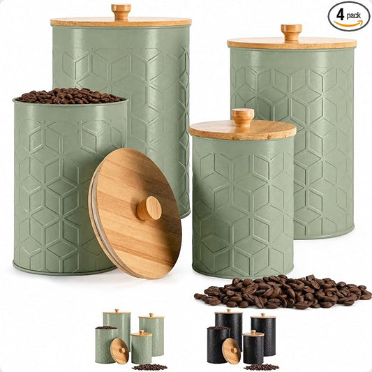 Kitchen Canisters for Countertop Set of 4, Textured Iron w/ Airtight Lids | Airtight Easy Open Bamboo Lids - Dent-Resistant Thick Metal - Sturdy Comfortable Bamboo Handles - Raised Textured Pattern by HBDesignCo