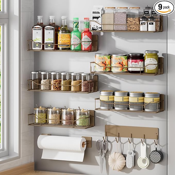 Magnetic Spice Rack for Refrigerator, 9 Pack Magnetic Fridge Shelves W/Adjustable Paper Towel Holder, Hook Rack, Moveable Spice Organizer Shelf for Kitchen Organization and Storage (Brown) by IYEBAU