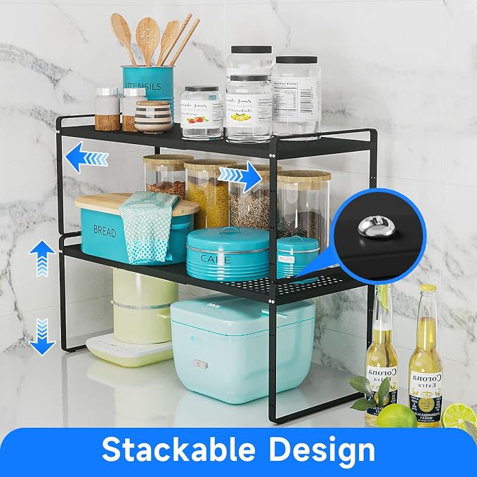 Expandable Kitchen Shelf Organizers, Kitchen Cabinet Organizer Stand Rack Organization for Countertop Cupborad Pantry, Black 3 Pack - Image 3