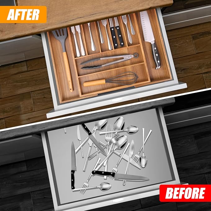 Large Premium Acacia Wood Silverware Organizer - Expandable Utensil Drawer Organizer - 17"x19.6" Utensil Holder and Cutlery Tray with Grooved for Kitchen Flatware Utensils(7-9 Slot, Acacia) - Image 3