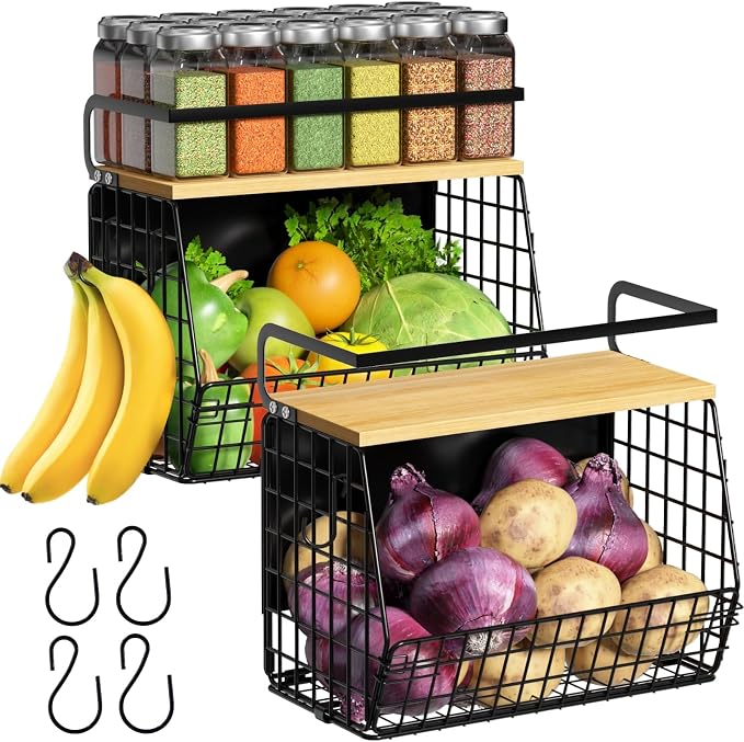 Magnetic Shelf for Fridge with Wood Lid, Fruit Potato and Onion Storage Bins, Pantry Organizers & Storage, Large Container Magnetic Spice Rack for Refrigerator, Kitchen Counter (Black, 2) by Ofiray-home