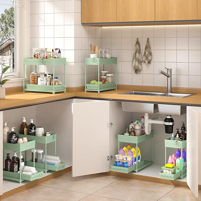 4-Pack 2-Tier Under Sink Organizer with Pull Out Drawers | Multi-use kitchen & bathroom storage. Includes hanging hooks and cups. Green, space-saving cabinet design. 12.8 Inch - Image 4
