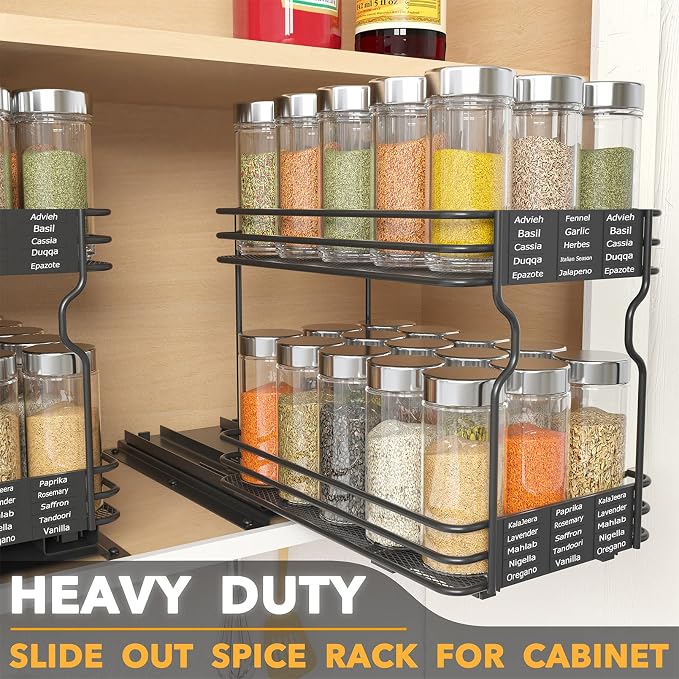 SpaceAid Pull Out Spice Rack Organizer for Cabinet, Heavy Duty Slide Out Seasoning Kitchen Organizer, Cabinet Organizer, with Labels and Chalk Marker, 6.5" W x10.75 D x8.5 H, 1 Drawer 2-Tier - Image 2