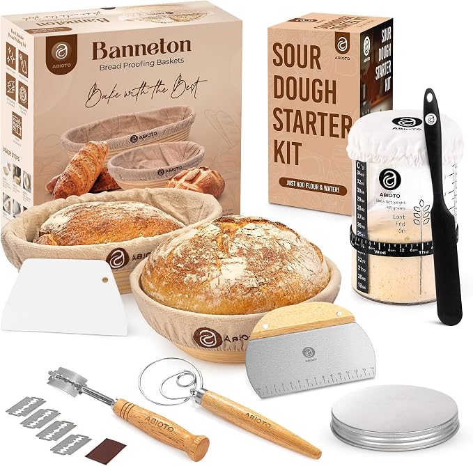 ABIOTO Sourdough Bread Baking Supplies and Starter Kit - Ultimate Bread Making and Sourdough Starter Kit with Proofing Baskets, 34oz Sourdough Jar, Bread Lame, Scrapers & Danish Whisk by ABIOTO