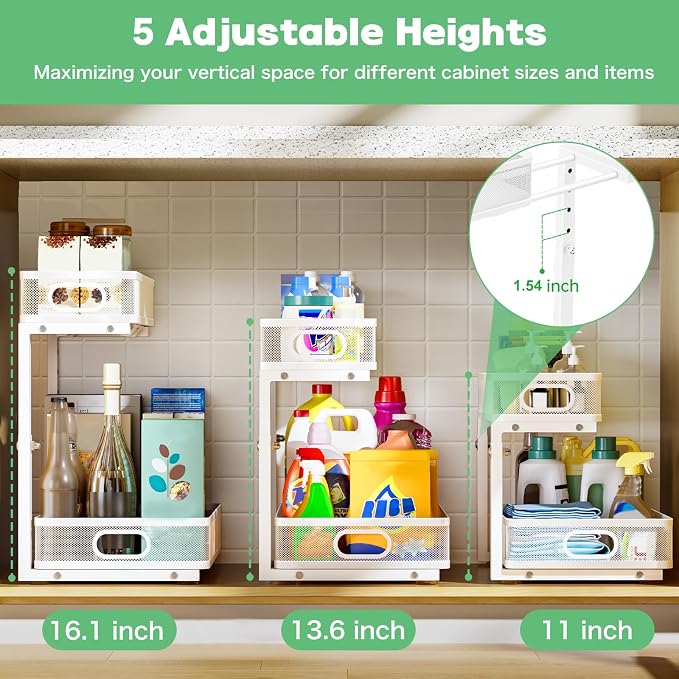 Under Sink Organizer 2 Pack, High Adjustable 2 Tier Under Sink Organizers and Storage, Slide out Metal Cabinet Organizers, Pull out Storage Drawer Shelf for Kitchen Bathroom Cabinet (White) - Image 5