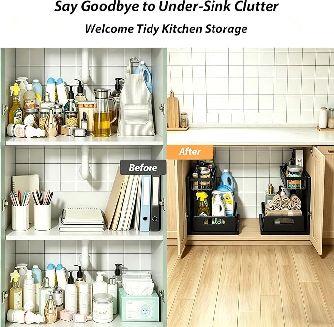 2 Pack Upgraded Under Sink Organizer, 2 Tier Pull out Kitchen Cabinet Organizer Metal Slide out Bathroom Organizers and Storage Makeup Drawer Organizer for Office Bedroom Restroom Living Room, L-Black - Image 7