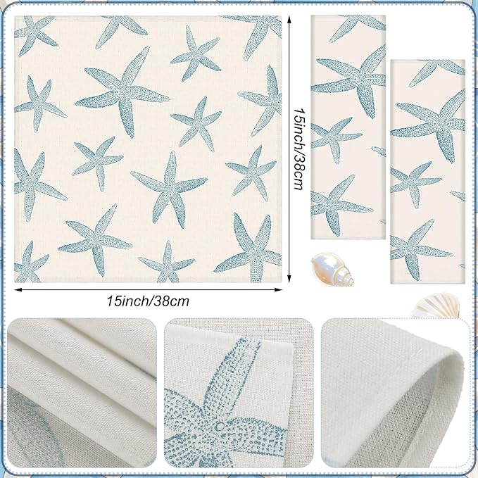Funnymoom 12 Pcs Blue Starfish Cloth Napkins Coastal Nautical Beach Reusable Napkins Coastal Party Dinner Soft Absorbent for Kitchen Ocean Sea Decorations Summer Holiday Party - Image 3