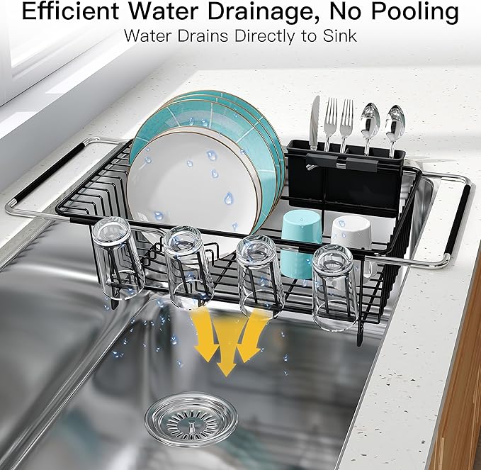 JASIWAY Black Dish Drying Rack in Sink, Dish Drainer with Utensil Holder | Over The Sink Expandable Stainless Steel Strainer Dryer Rack for Small Kitchen, Counter Space Saving, Fast Drain, Rustproof - Image 6