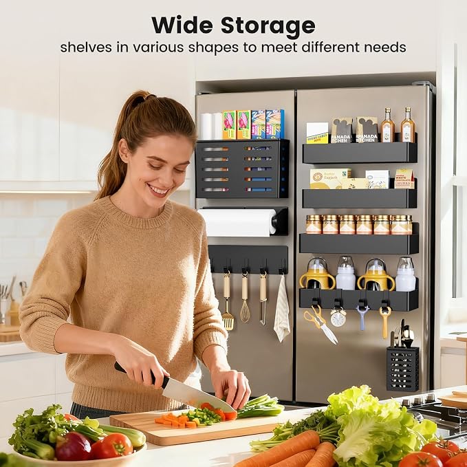 Magnetic Spice Rack for Refrigerator,8 Pack Magnetic Shelf,Fridge Magnet Organizer with Paper Towel Holder,Utensils Racks,Hook Rack,Deepened Basket,Fridge Organizers and Storage Black(8 Pack) - Image 7
