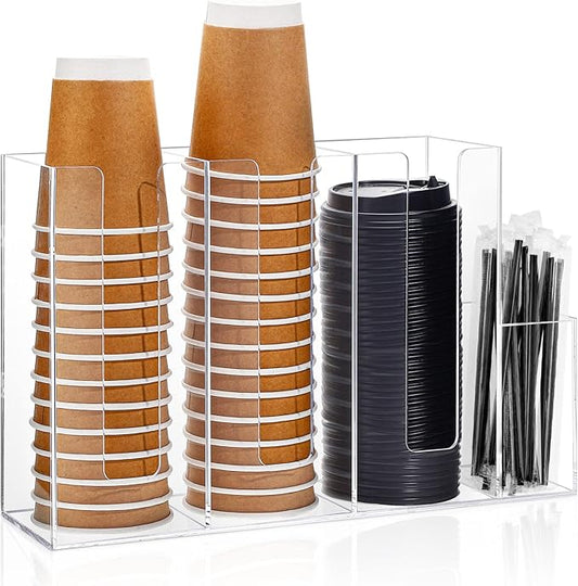 4 Compartments Acrylic Coffee Cup and Lid Storage Organizer Holder Disposable Paper Cup Dispenser Organizer Plastic Lid Holder Accessories for Kitchen Bar Shop Party Supplies(Transparent) by Cunhill