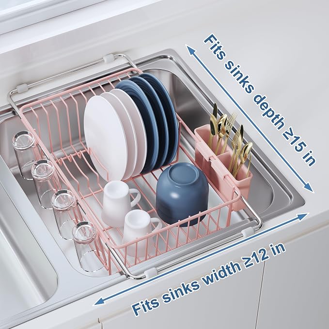 JASIWAY Pink Dish Drying Rack in Sink, Dish Drainer with Utensil Holder | Over The Sink Expandable Stainless Steel Strainer Dryer Rack for Small Kitchen, Counter Space Saving, Fast Drain, Rustproof - Image 5