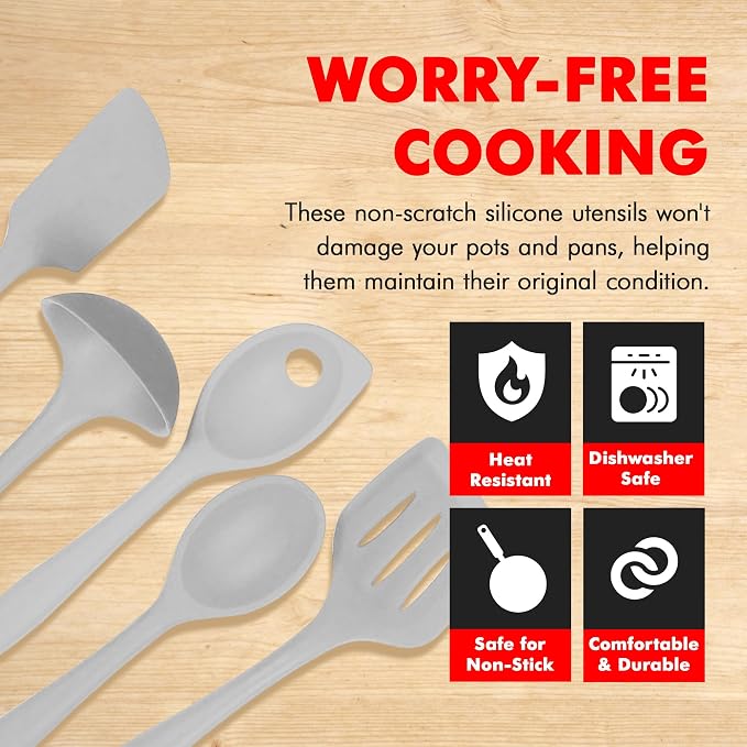 Chef Craft - Premium Silicone Kitchen Tools and Utensils Set, Non-Scratch, Withstands Temperatures up to 450°F, BPA-Free, 5 Piece Cooking Utensils Set, Gray - Image 3