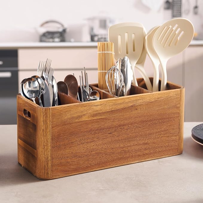 16" Wooden Kitchen Utensil Holder, Extra Large Acacia Wood Organizer for Cooking Tools, Utensils & Cutlery Storage – 4-Compartment Countertop Holder by Unknown