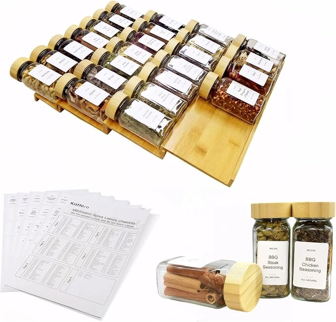 Spice Drawer Organizer with 28 Bamboo-lidded Spice Jars and 216 Labels,Non-slip Rubber, Bamboo 4 Tier Spice Racks Tray Seasoning Containers for Kitchen Drawers,Cabinets,13" Wide * 15.8" Deep by KitHero