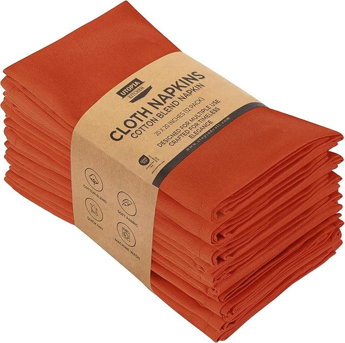 Utopia Kitchen Orange Cloth Napkins [12 Pack, 20x20 Inch] Absorbent Cotton Blend Washable and Reusable for Halloween, Thanksgiving, Dinner, Restaurant, Lunch, Wedding and Hotel by UTOPIAKITCHEN
