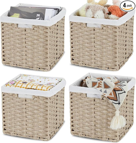Bidtakay Wicker Storage Baskets for Organizing 4-Pack Hand-Woven Imitation Wicker Cube Storage Bins with Liners for Shelves Closet Cabinet 11x11 Waterproof Cube Organizer for Pantry-Greyish Beige by BidtakayBaskets
