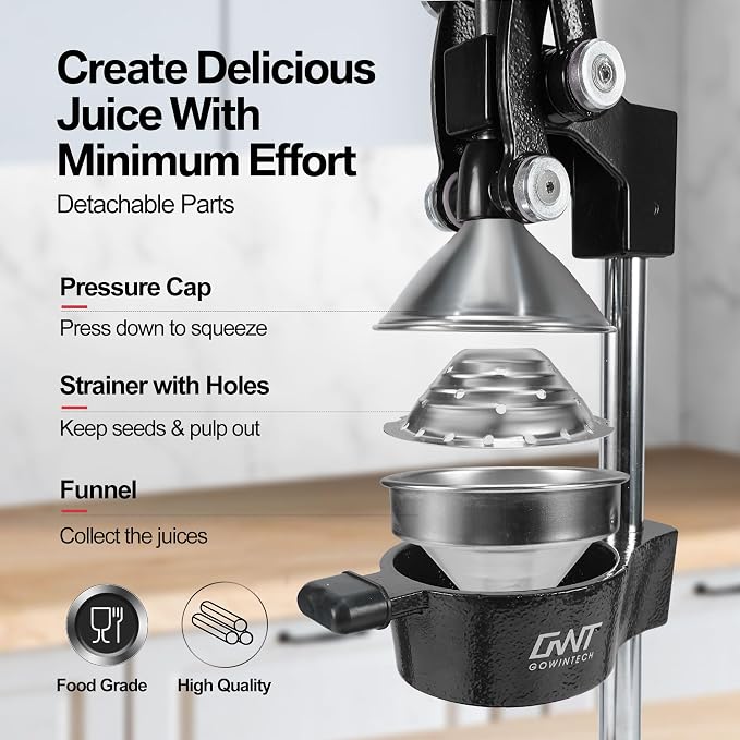 18 Inch Height Commercial Heavy Duty Cast Iron Hand Press Manual Orange Citrus Lemon Lime Grapefruit Pomegranate Fruit Juice Squeezer Machine with Stainless Steel Cup and Durable Base Black - Image 5
