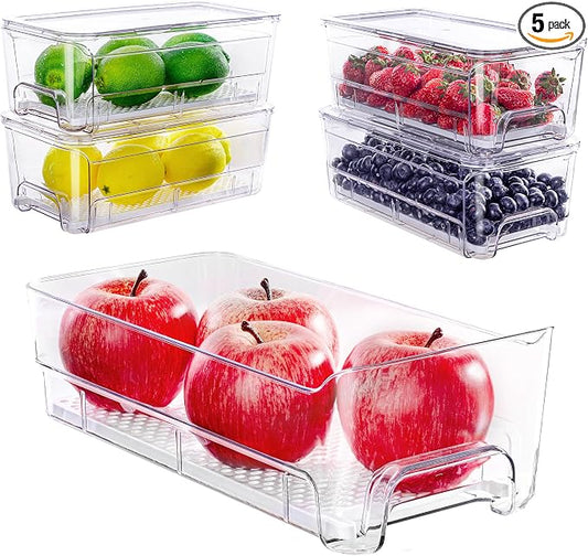 Imncya 5 Pack Refrigerator Organizer Bins, Fridge Organizers and Storage | Stackable Pull-Out, Refrigerator Drawers with Lids, Clear Design with Drain Tray, Fruits Vegetables Snack Storage Containers by Imncya