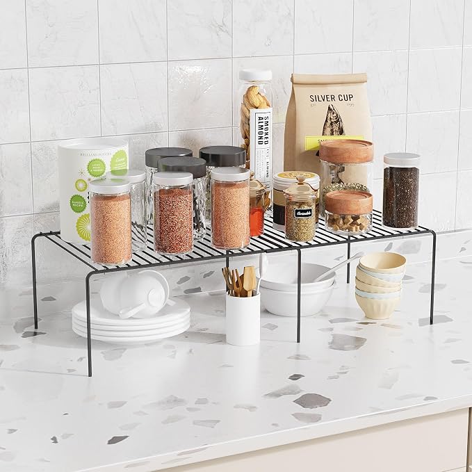 2Pack Expandable Storage Shelf, 13.5"~23" L x 9.4" W x 5.5" H, Black | Adjustable Rustproof Metal Wire Spice Rack, Space Saver Kitchen Storage Shelves for Pan, Pot, Countertop, Drawer, Fridge - Image 2