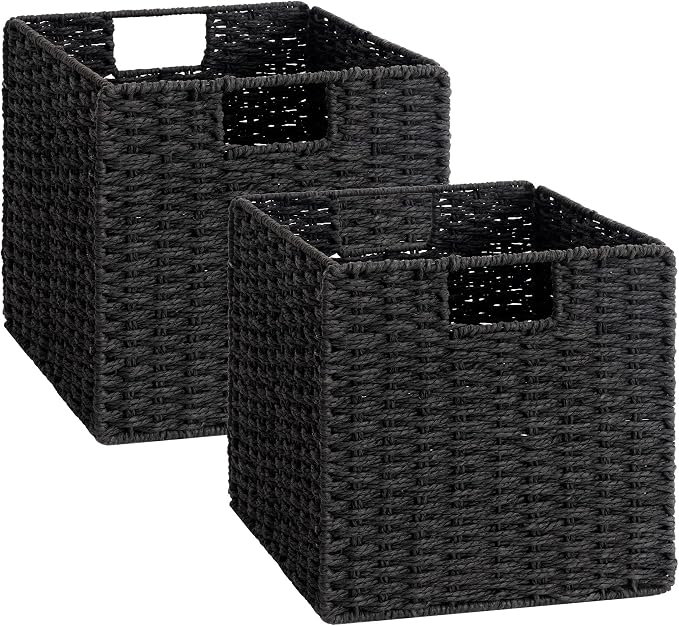 StorageWorks 11 inch Cube Storage Bins, Foldable Wicker Baskets, Black | 2-Pack, Handwoven Storage Cubes with Handles, Paper Rope Baskets for Organizing, Cube Organizer Bins, 11x11 Cube Storage Bins by StorageWorks